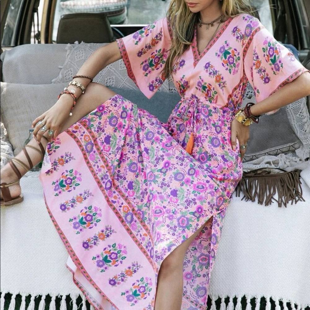 Bohemian Floral print split thigh draw string waist dress - Picture 3 of 7
